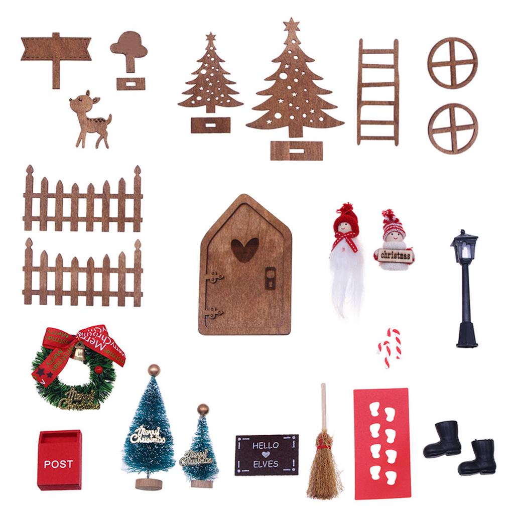 1 Set 1:12 Dollhouse Miniature Christmas Decor Fairy Door Elf Fence Tree Model DollHouse Accessories Kids Role Play Toy