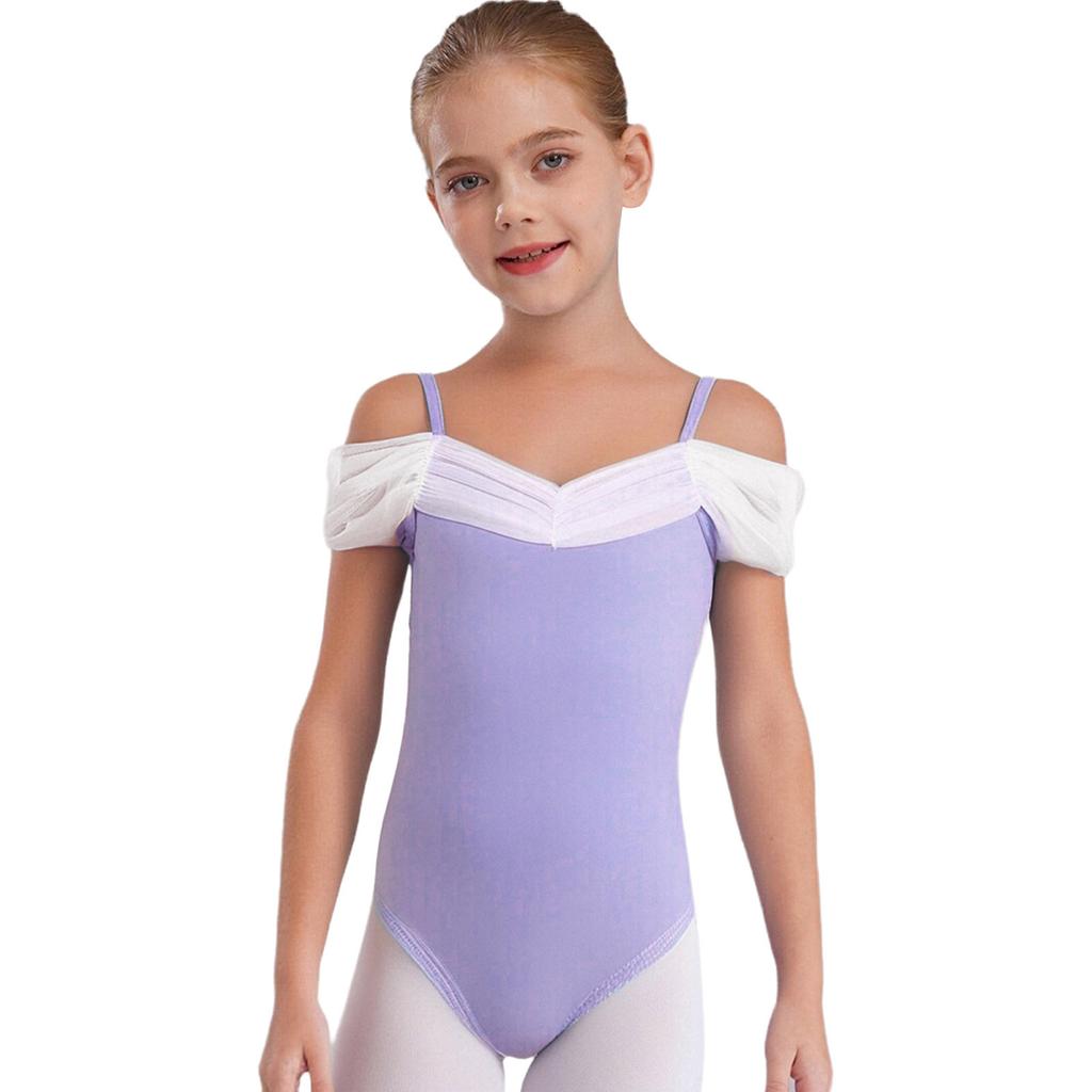 Girls Ballet Gymnastics Performance Leotard Butterfly Back Design Ruched Mesh Collar Spaghetti Straps Dancewear