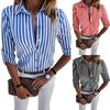 Women Fashion Long Sleeve Turn Down Collar Vertical Stripes Office Shirt Blouse