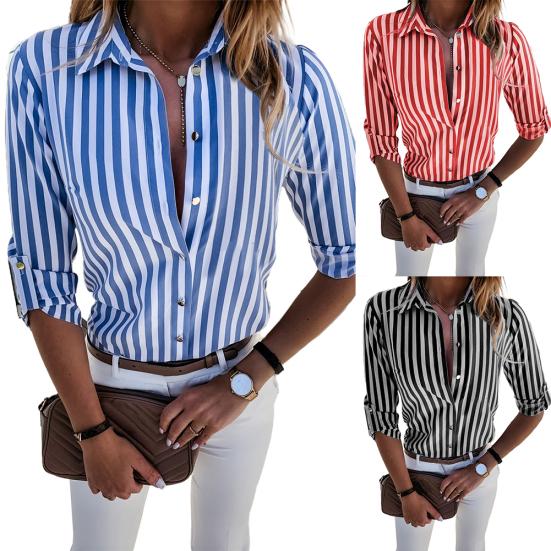 Women Fashion Long Sleeve Turn Down Collar Vertical Stripes Office Shirt Blouse