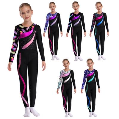 Ensemble de Performance de Danse pour Filles à Manches Longues, Brillantes, Imprimé Strass, Patchwork, Maillot de Corps, Ceinture Élastique, Pantalon à Rayures Latérales