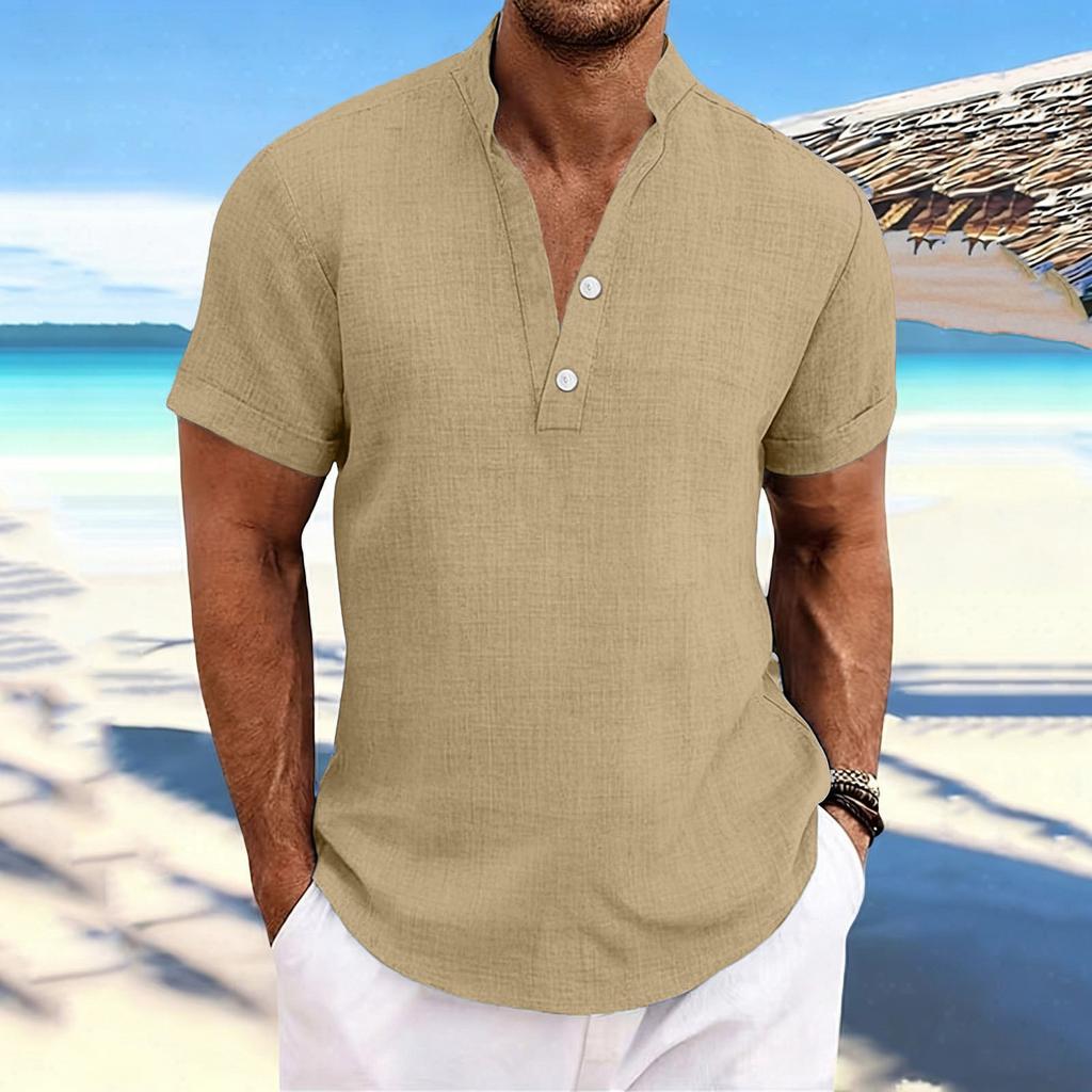 Men's Stand-up Collar, Half-open Jacket, Linen Short-sleeved Shirt