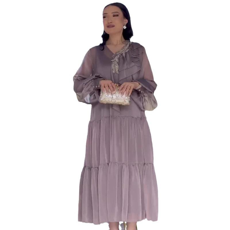 2024 Summer Women's Solid Color Ruffle Mesh Splice Elegant Dress