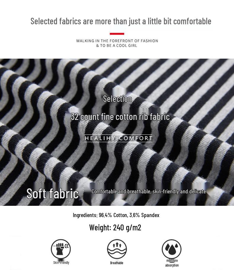 Women's Striped Pure Cotton Long Sleeve T-Shirt, Autumn/Winter 2025, Fashionable Slimming Base Layer with Zippered Stand Collar