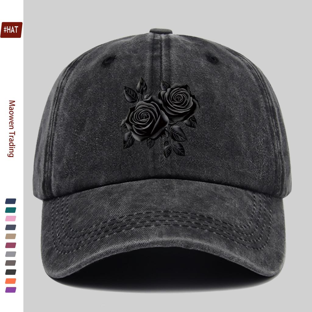 pc Elegant Black Rose Pattern Printed Baseball Cap Truck Driver Papa Hat Comfortable Lightweight Headwear Adjustable Closure
