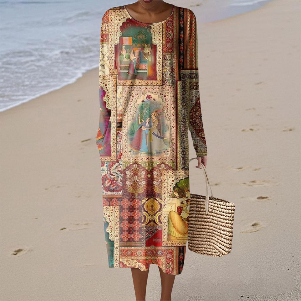Women's Fashion Casual Retro Print Round Neck Pocket Elegant Temperament Dress