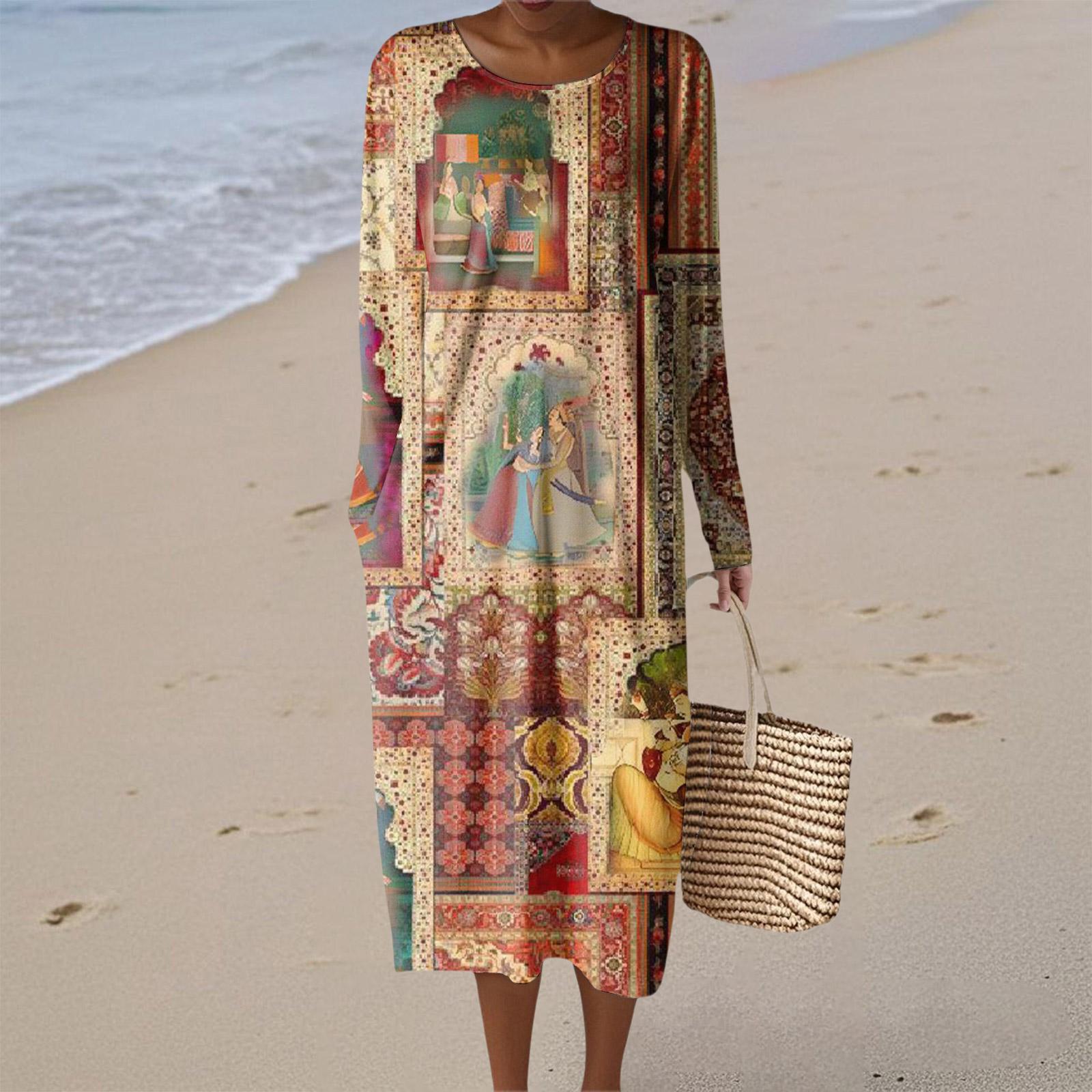 

Women s Fashion Casual Retro Print Round Neck Pocket Elegant Temperament Dress XXL