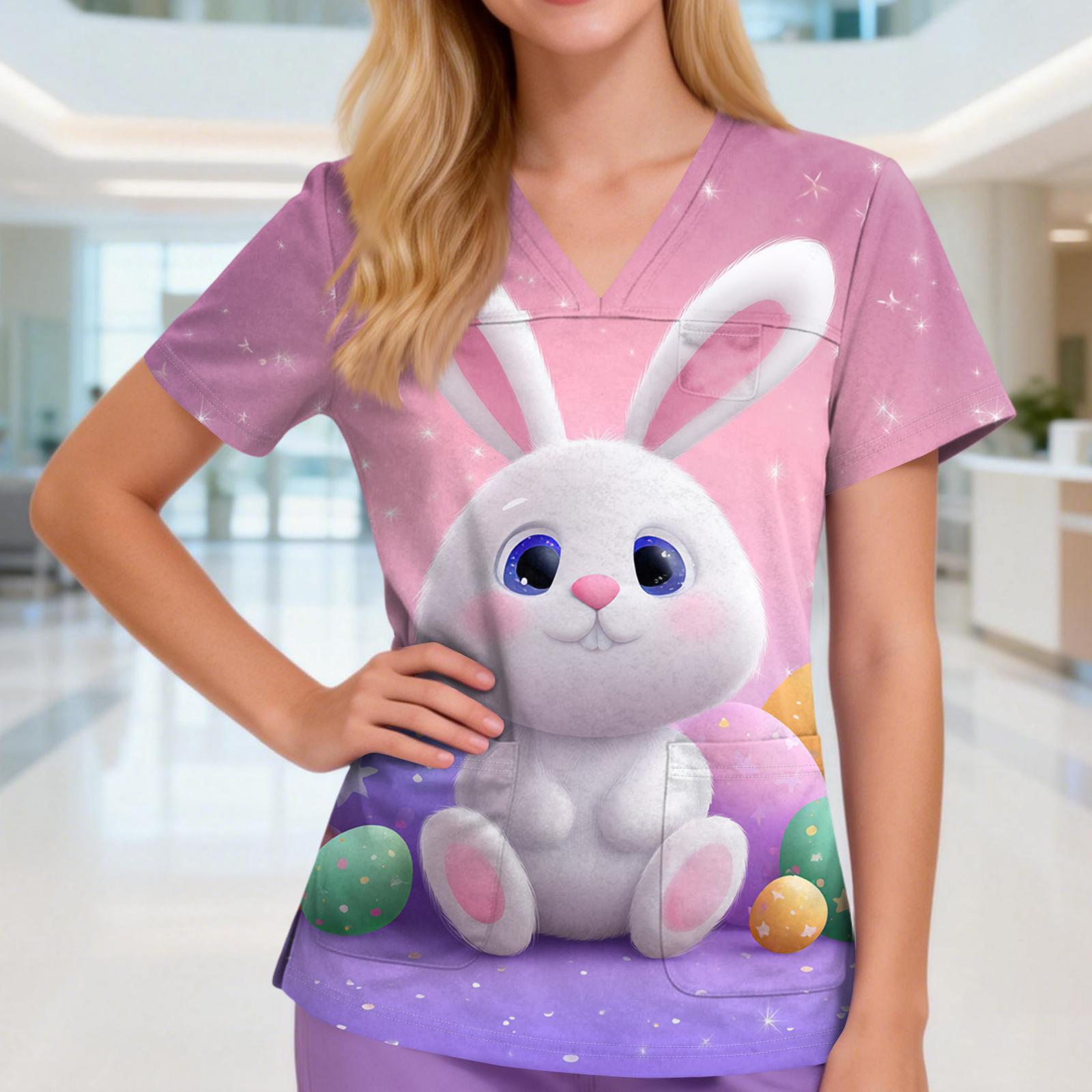 

Women s V-neck Three-pocket Short-sleeved Easter Print Uniform/caregiver Top With Slits At The Hem M