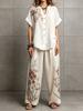 Women Floral Print Two Piece Outfit Short Sleeve Button Up Top Wide Leg Pants Casual Loose Fit Loungewear Set