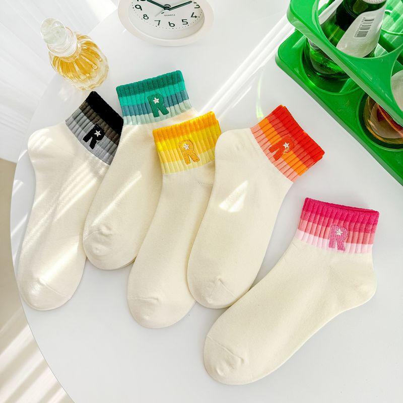 5 Pairs of Women's Spring and Summer Rainbow Letters Comfortable Breathable Preppy Short Socks