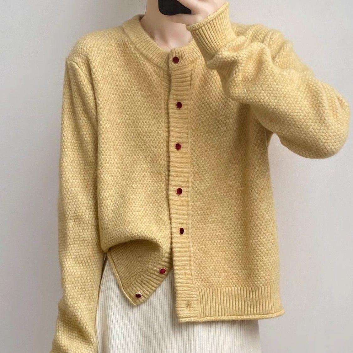 

Lazy Style Round-neck Yellow Sweater Jacket for Women Spring and Autumn Knitted Cardigan Loose Solid Color Long-sleeved Casual Sweater Cardigan S