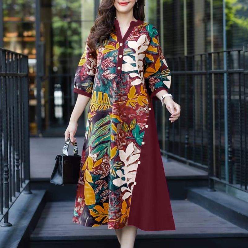 

ZANZEA Женское повседневное платье с V-образным вырезом, свободное, с рукавом 3/4 и принтом 5XL вино красного