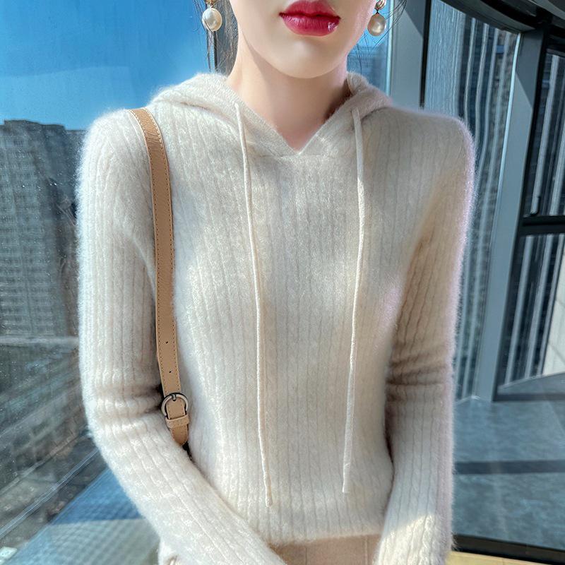 Women's 100% Pure Wool Cable Knit Hoodie Sweater - Autumn/Winter Collection.