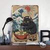 Gamer Katze mit Ramen und Wellen Aufdruck Poster Individuelle Wandkunst Retro Vintage Metallblechschilder zur Dekoration Wohnzimmer Dekoration