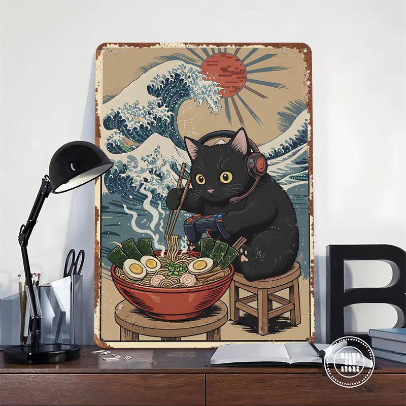 Gamer Katze mit Ramen und Wellen Aufdruck Poster Individuelle Wandkunst Retro Vintage Metallblechschilder zur Dekoration Wohnzimmer Dekoration