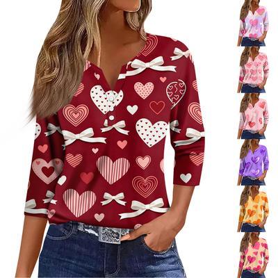 Women's Fashion Button-Up V-Neck Three-Quarter Sleeve Valentine's Day Print Top
