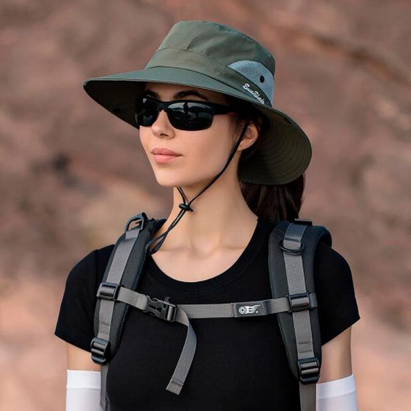 Summer Quick-drying Anti-UV Sun Hats Wide Brim Sunscreen Bucket Hats Panama Cap Breathable Mesh Drawstring Adjustable Hiking Hat