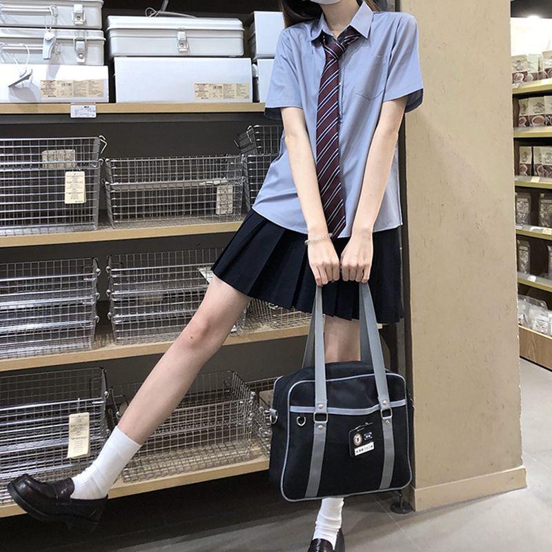 Women's Preppy Style JK Uniform Shirt – Light Blue, Short Sleeve, Perfect for Summer and Autumn.