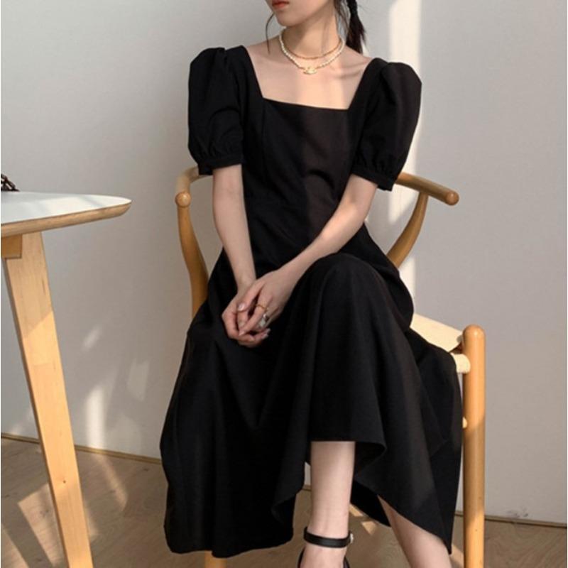 Black dress women's summer new French retro temperament square collar waist long Hepburn style small black dress