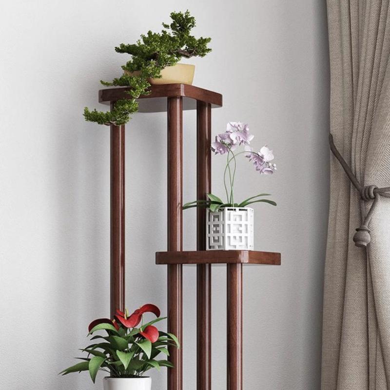 Antique Chinese Style Simplified Indoor Solid Wood Flower Stand Modern Design Space-Saving Pot Holder for Living Room