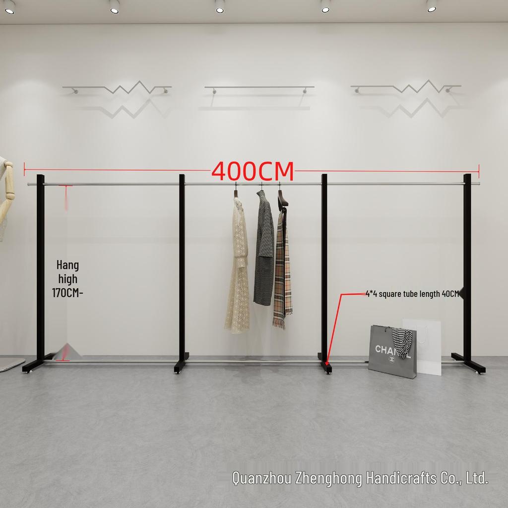 Black Stainless Steel Floor-Standing Garment Display Rack for Women's Clothing Store