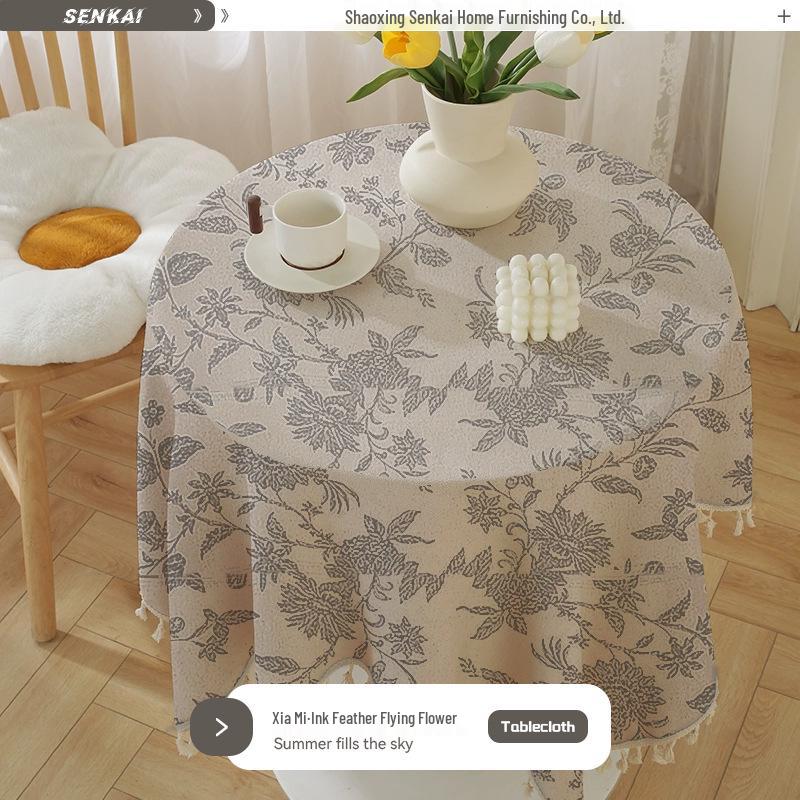 Nordic Cotton Linen Round Tablecloth - Advanced Blue Floral Design, Retro Pastoral Style for Dining and Photo Backgrounds