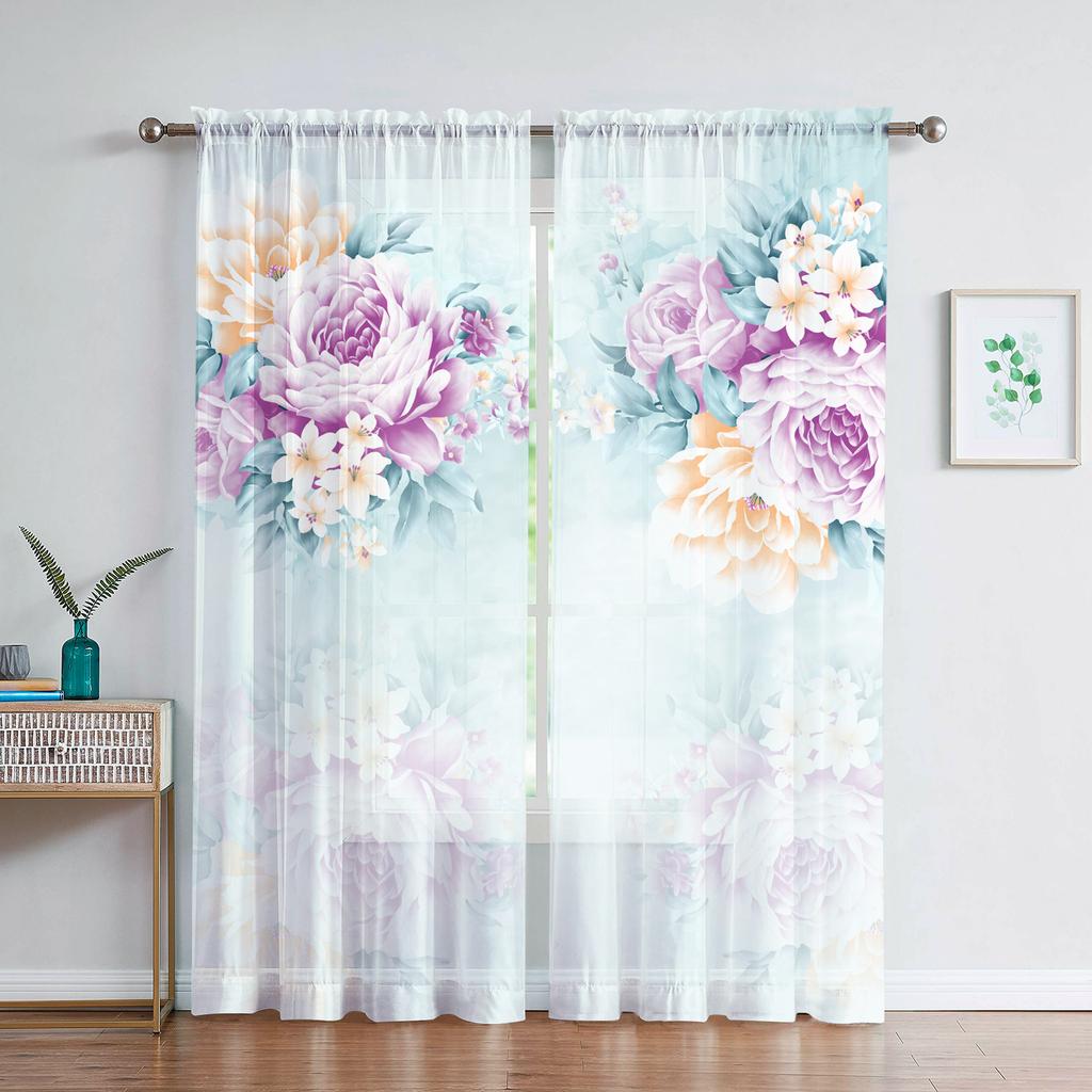 Watercolor Floral Sheer Voile Curtain For Living Room Dining Room Bedroom Drape Kitchen Window Transparent Chiffon Tulle Curtain