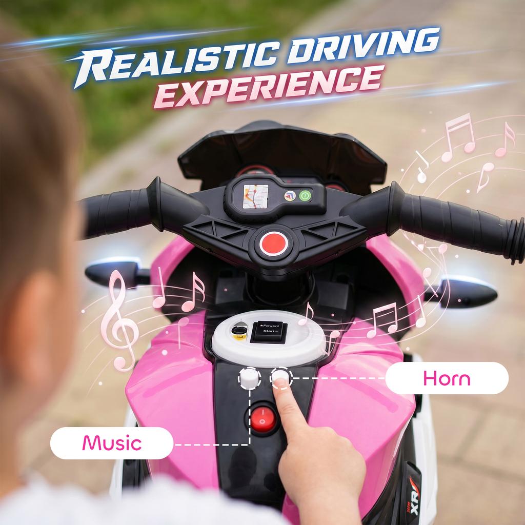 Kids Electric Motorcycle, 6V Ride on Motorcycle with 3 Wheels, LED Headlight, Music, Horn for Boys Girls 3-5 Years, Pink