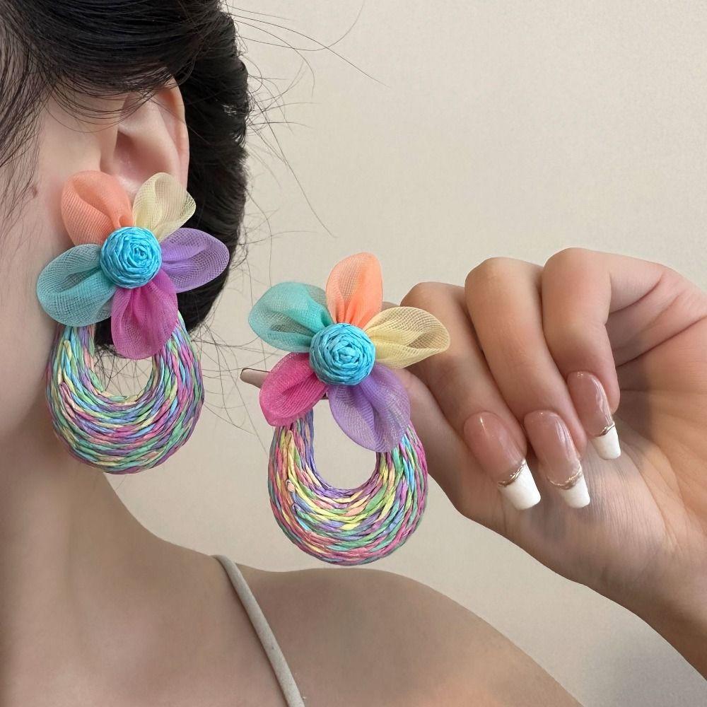 U-shaped Straw Weave Earrings Sweet Beach Drop Earrings Mesh Flower Earrings  Girls Gift