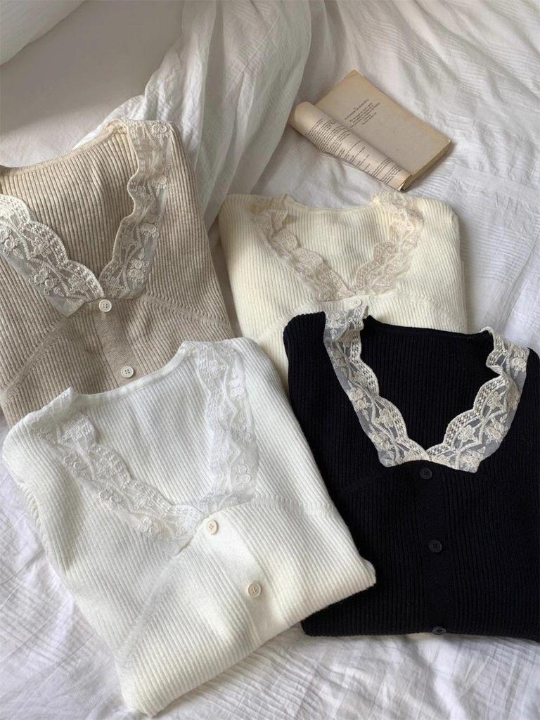 2025 Spring/Autumn Fashion Lace Patchwork Slim Fit Long Sleeve Knit Top