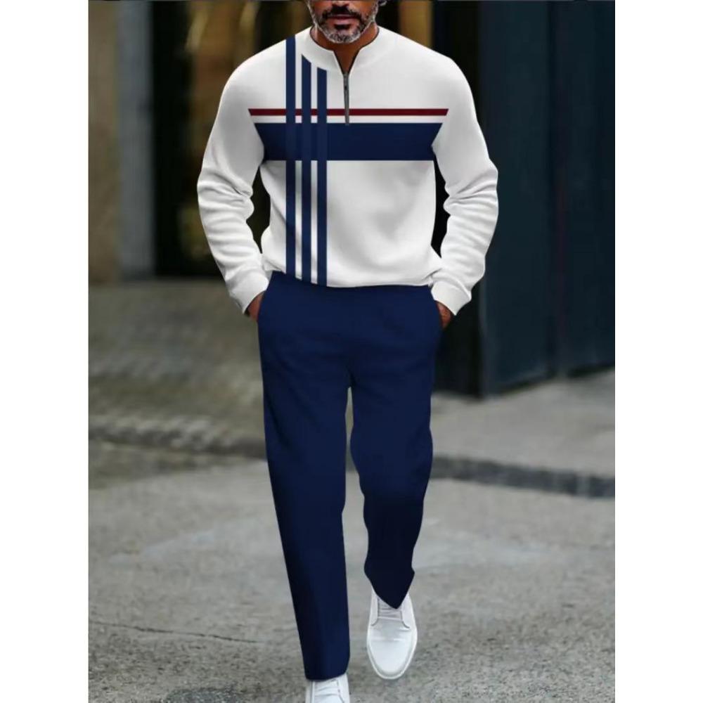Spring Autumn 3D Printed Fashion Men's Long-Sleeved Sets Half-Zipper Stand-Up Collar Men's Casual Sportswear Two-Piece Set