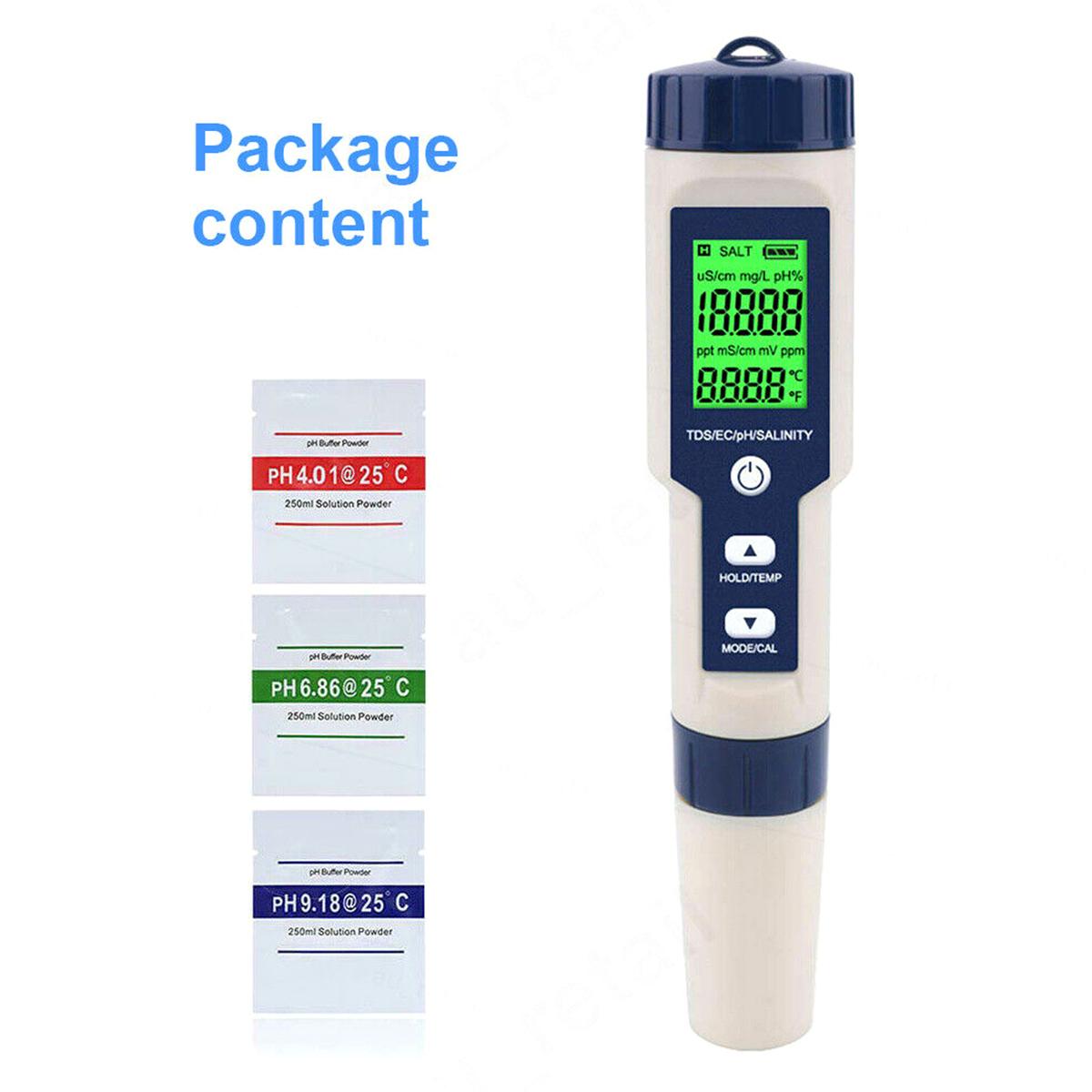

Water Tester Water Quality Tester Digital pH Meter PH EC TDS Salinity Temp 5 in 1 Pen Meter Precise LCD Digital Multifunctional синій