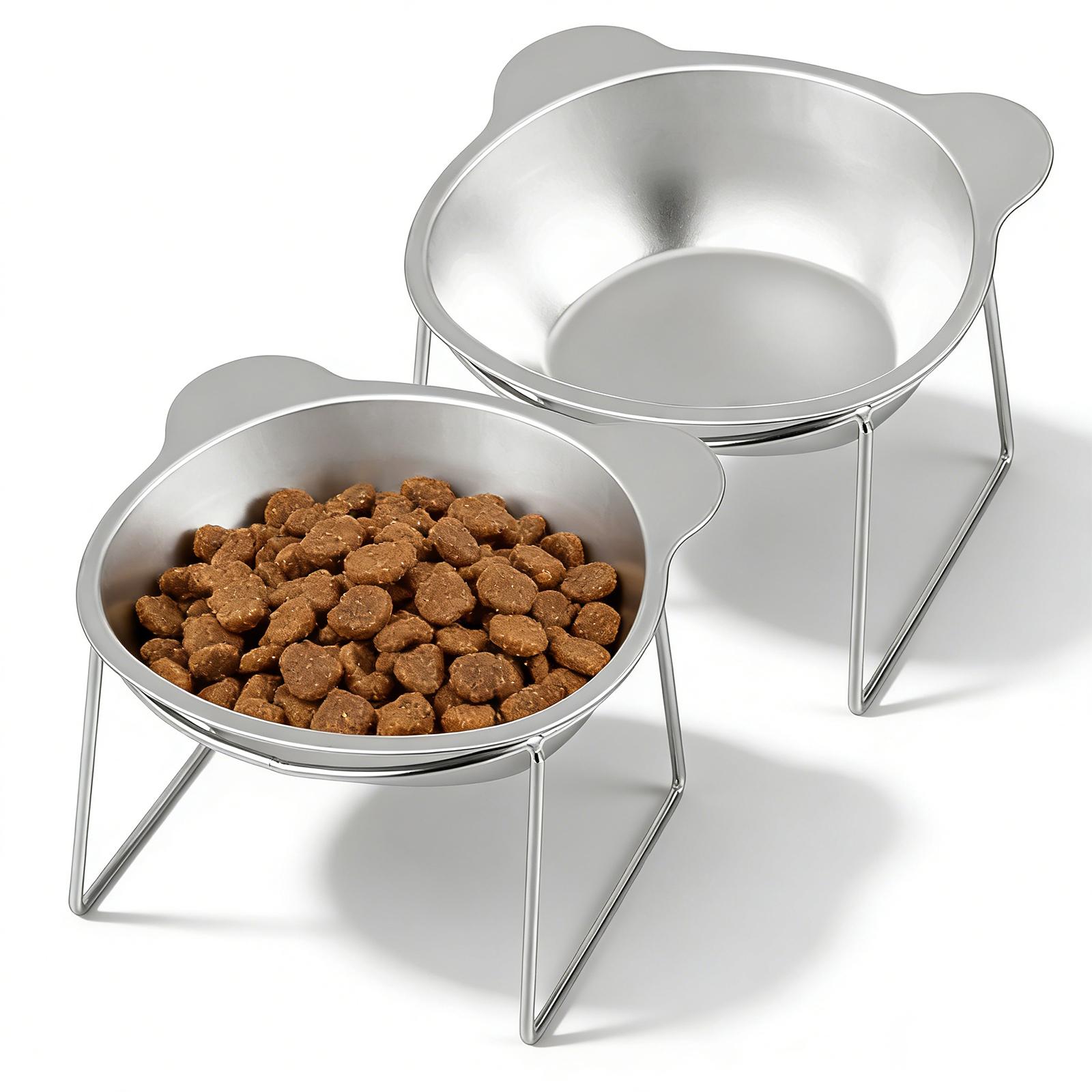 

2Pcs Elevated Cat Bowl Stainless Steel Raised Pet Feeding Bowl Tilted Neck Guard For Puppy Cat Feeding Supplies