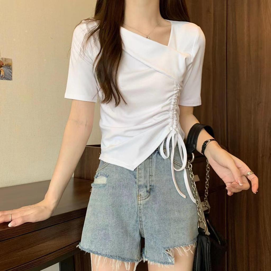 Irregular One-Shoulder Drawstring Short-Sleeve T-shirt for Women – New Sweet Chic Summer Arrival, Unique Versatile Top with Internet Celebrity Style.