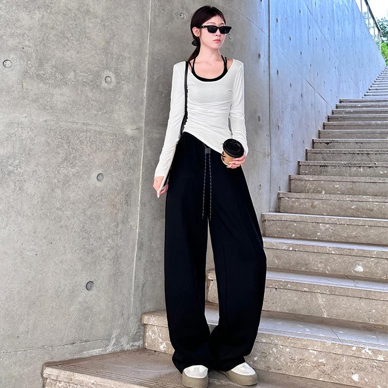 Retro Sporty Style Loose Temperament Casual Pants In Autumn New Wide-leg High-waisted Scimitar Floor Trousers for Women