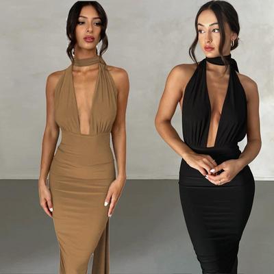 Mode d'été femmes Sexy V profond dos ouvert robe fendue tendance