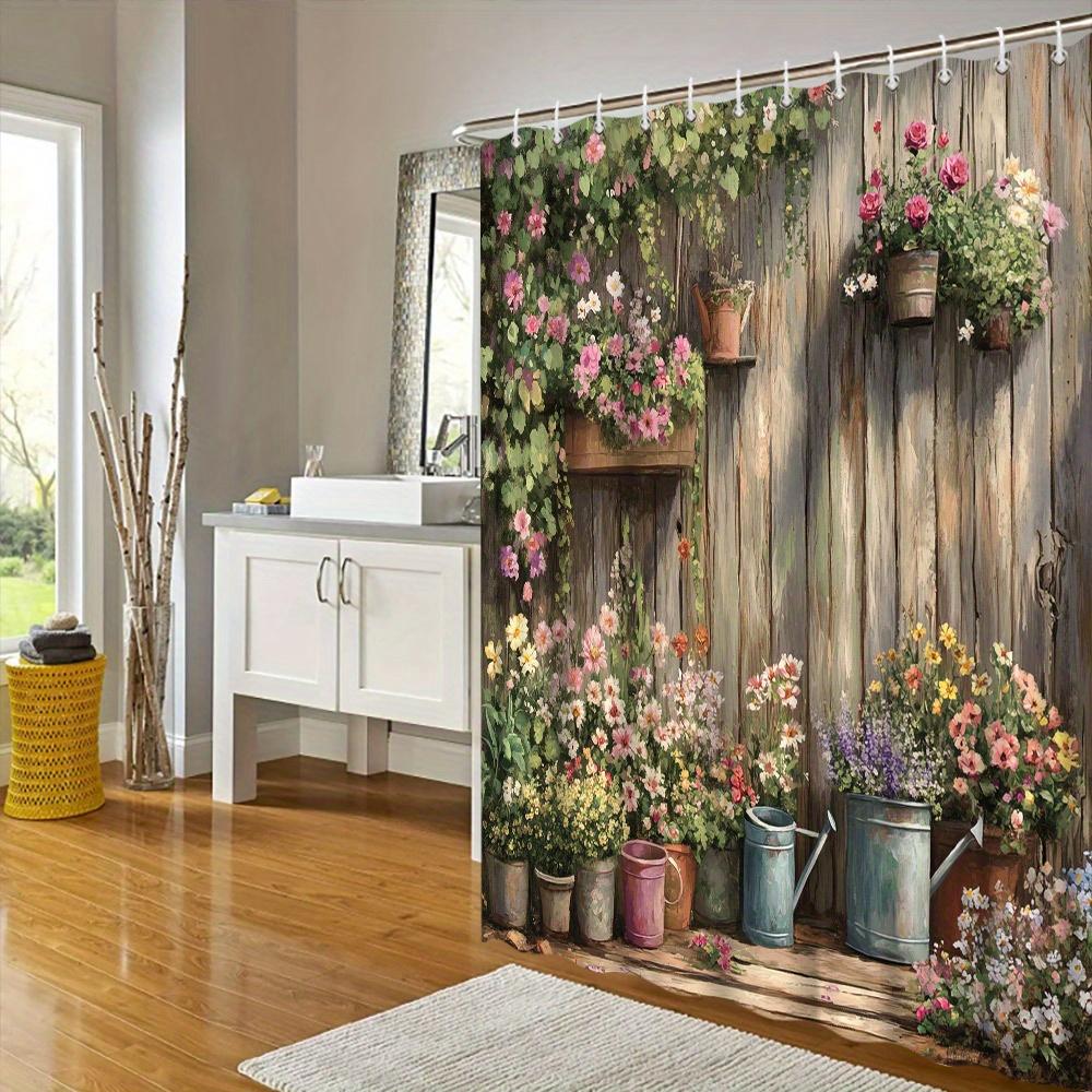 Speelse Tuin Douchegordijn - Kleurrijke Bloemen & Rustiek Houten Hek, Cottage-Thema Badkamer Decoratie
