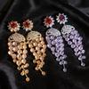 Gold-Plated Silver Zircon Flower Earrings with Tassel - High-End Vintage Style
