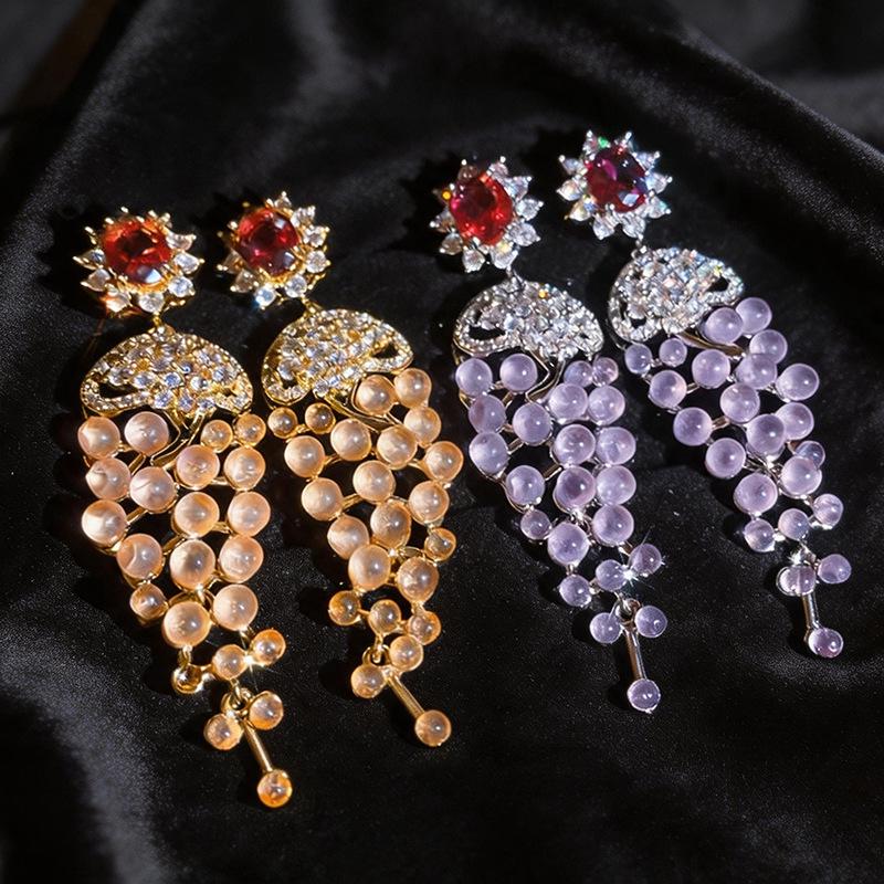 Gold-Plated Silver Zircon Flower Earrings with Tassel - High-End Vintage Style