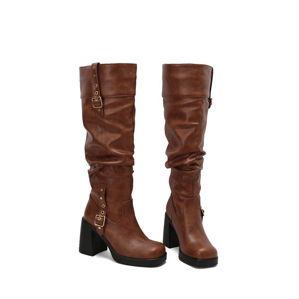 Women's High-heeled Boots Autumn and Winter Thick-heeled Large-size Casual Boots Roman Medium Boots