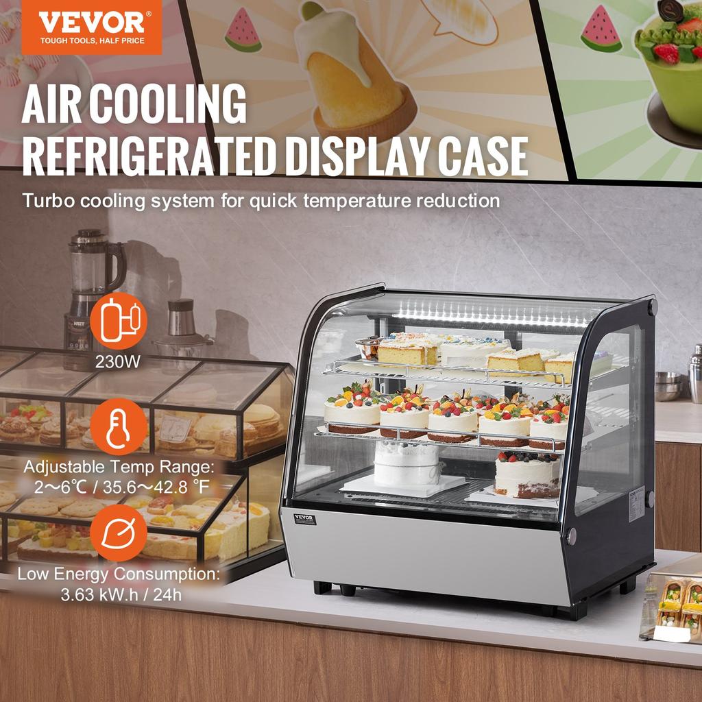 VEVOR Refrigerated Display Case, 4.2 Cu.Ft./115L Countertop Pastry Display Case, 2-Tier Commercial Display Refrigerator with LED Lighting