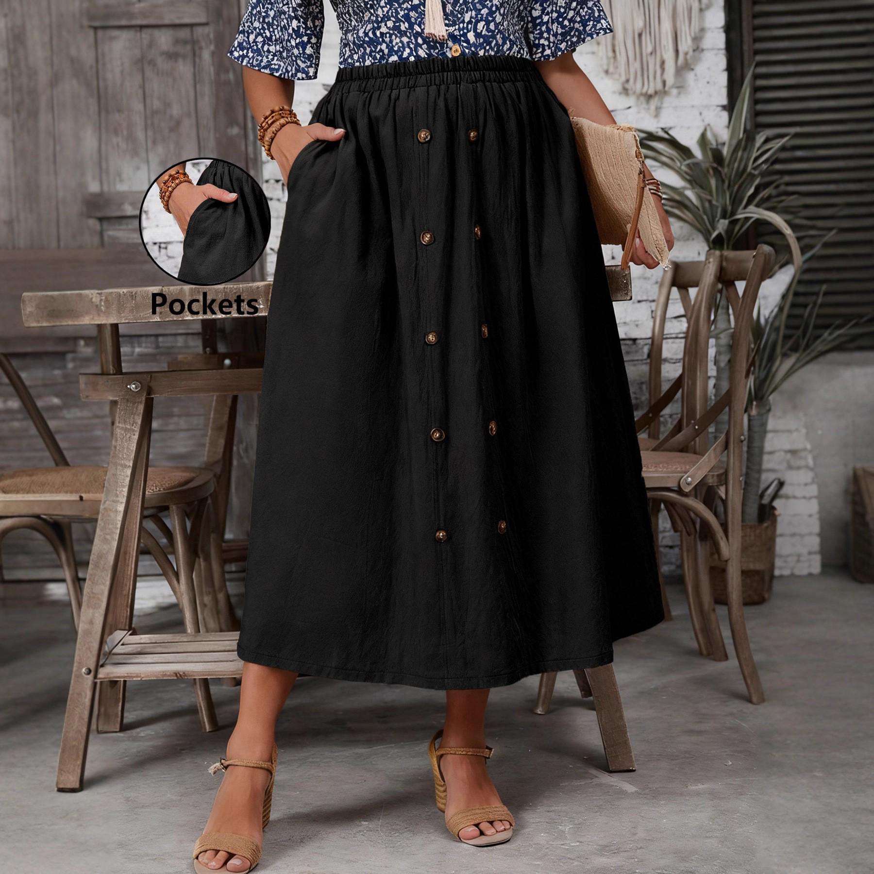 Plus Size Retro Double-Breasted Elastic Waist Women s Skirt 5XL