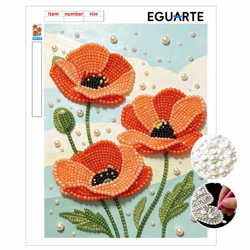 Elegant Framed Pearl Art DIY Set with Vibrant Poppy Flower 5D Sparkling Bead Canvas Painting Ready to Display Romantic Home Decor Gift