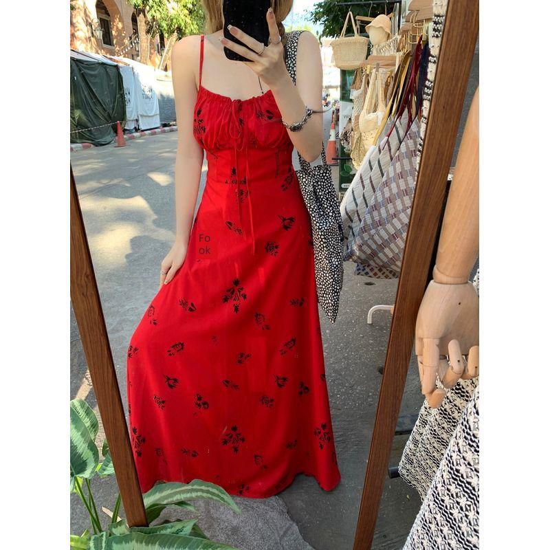 Plus size Chubby Girl French style Holiday Style Red Floral Sling Dress Women Summer New Waist Hugging Hide Meat A- line Skirt