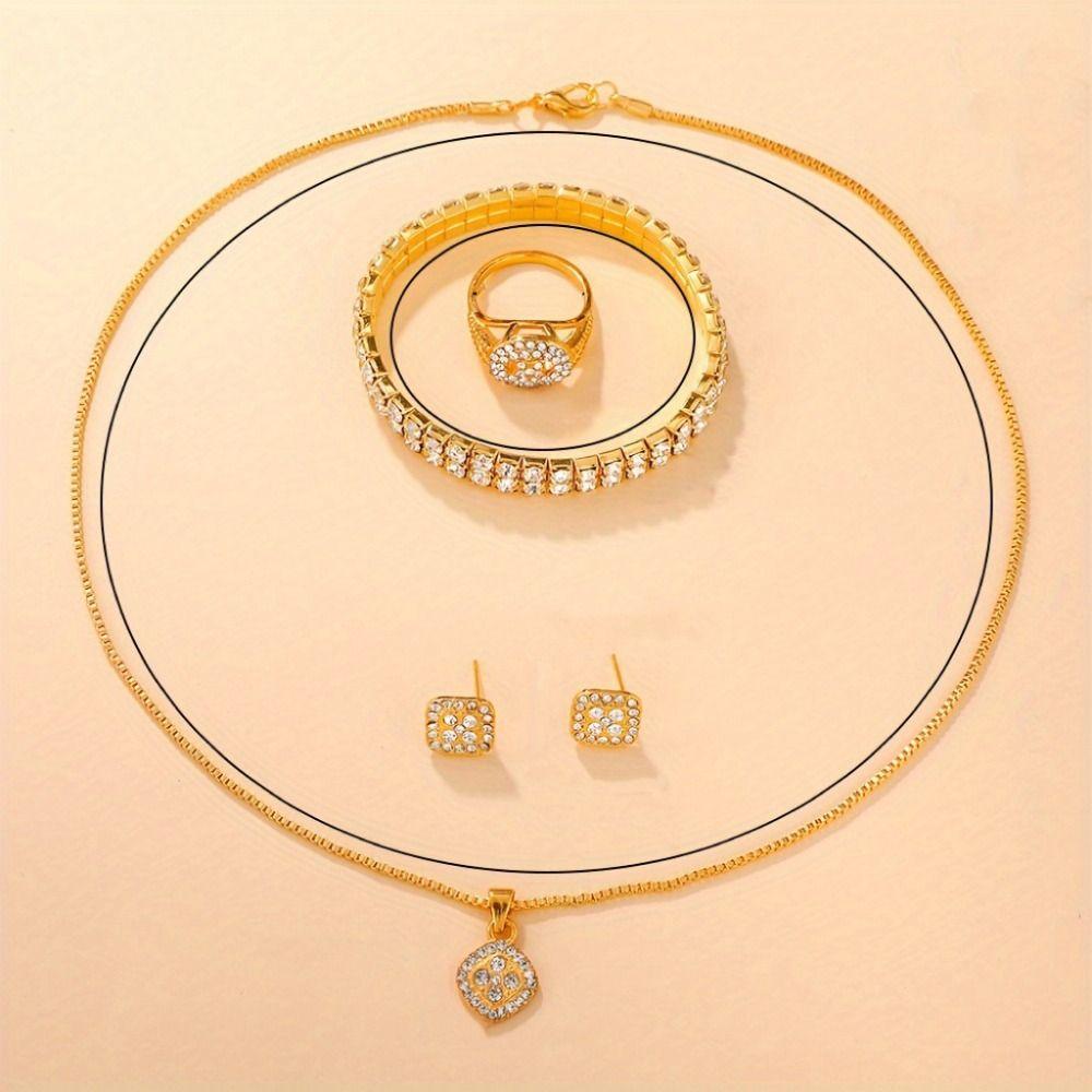 6Pcs/set Luxury Crystal Quartz Watch Shiny Necklace Bracelet Earrings Set  Gifts