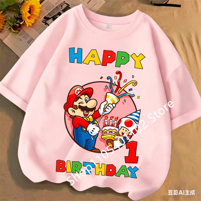 2026 New Super Marios Bros Childrens Pure Cotton Tshirts Anime Birthday Numbers 19 Cute Anime Childrens Casual Tshirts