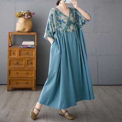 Kurzarm Plus Size Baumwolle Vintage Blumenmuster Neu in Kleidern für Damen lässig locker langes Sommerkleid