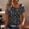 T-shirt da Donna Splicing Stampa Leopardo Spalle Scoperte Manica Corta Taglio Irregolare Scollo Cutout Blusa Top Casual Estiva