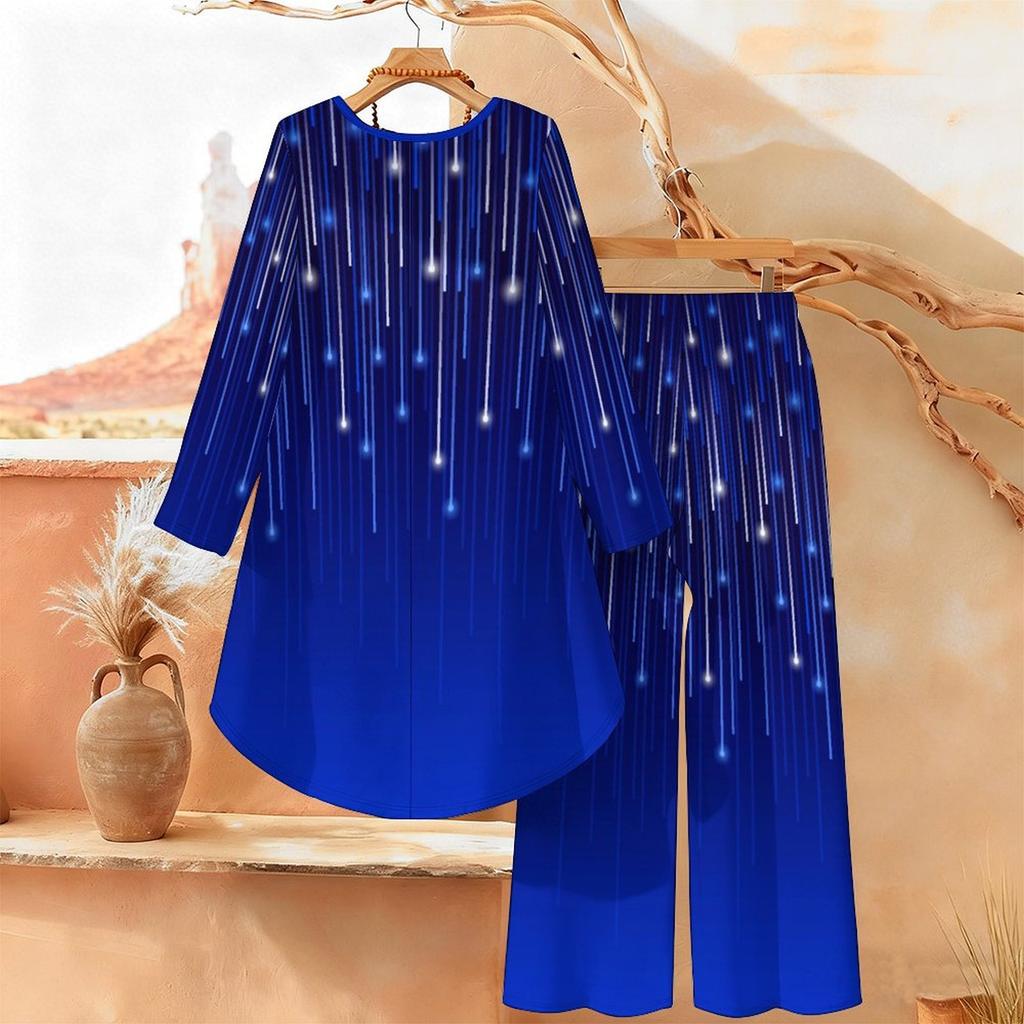 Geometric Pattern Print Two Piece Outfit Women Long Sleeve Irregular Hem Tunic Top Wide Leg Pants Casual Matching Set