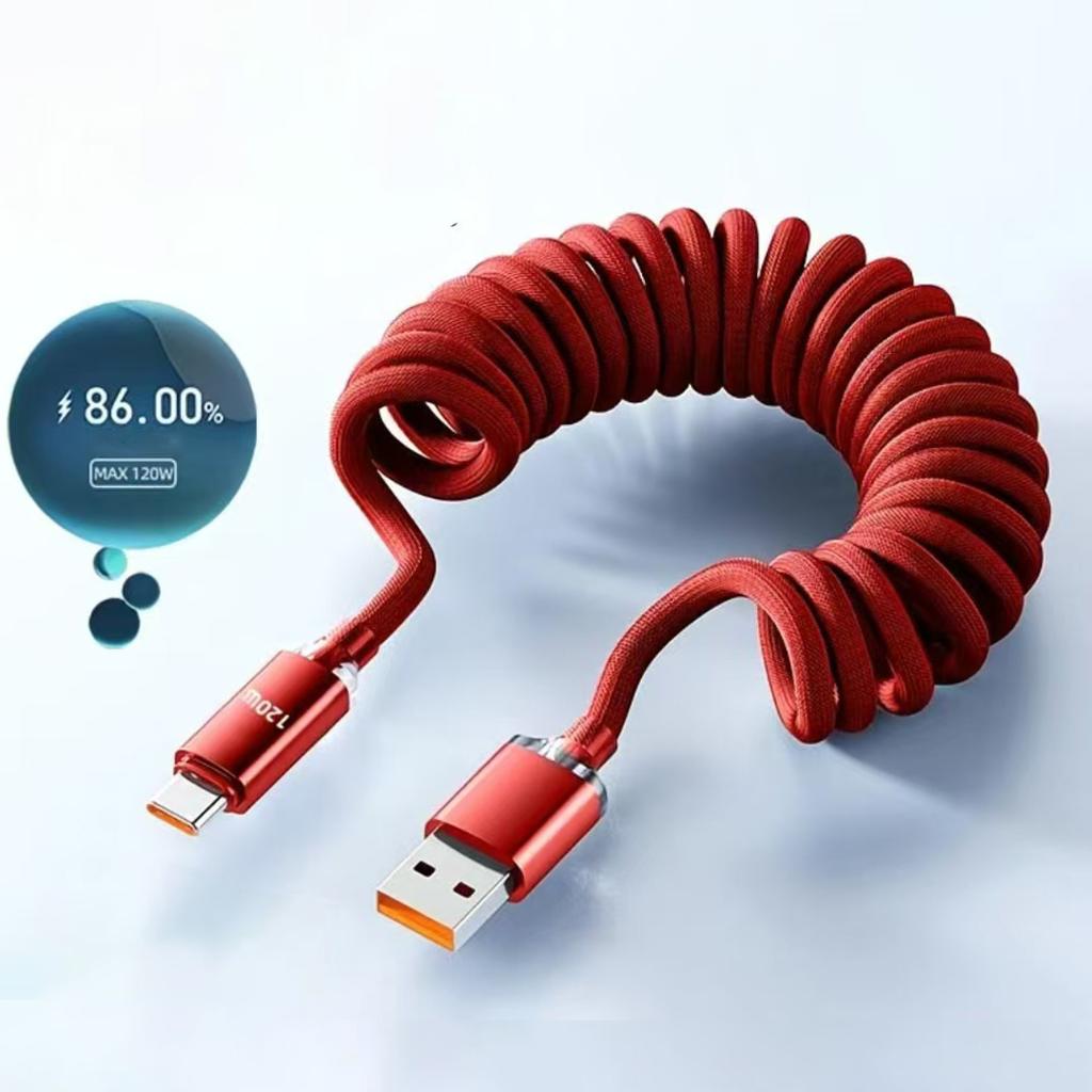 120W Car Type C to USB C Fast Charging For iPhone 17 16 USB A To Type C Spring Telescopic Cable For Samsung Xiaomi Huawei